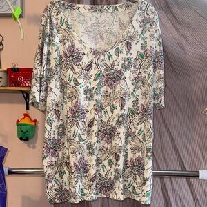 J. Jill Cream and Purple Floral Short Sleeve Tee